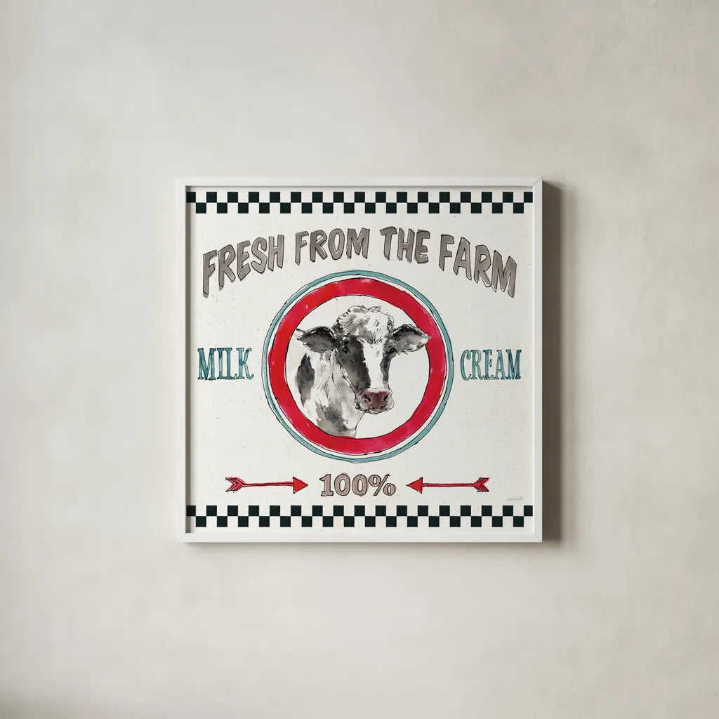 Farm Signs III by Anne Tavoletti. Shown in a crisp white glass frame for a clean and minimalist style. Available as an archival giclee rolled canvas, fine art paper, or poster print. SKU 52703a.