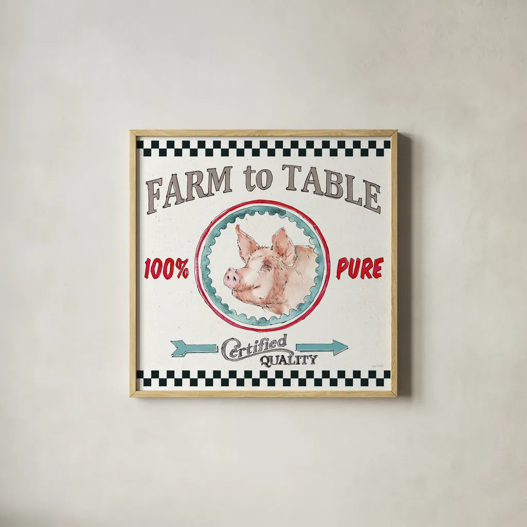Farm Signs IV by Anne Tavoletti. Shown in a natural wood glass frame for a timeless modern aesthetic. Available as an archival giclee rolled canvas, fine art paper, or poster print. SKU 52704a.