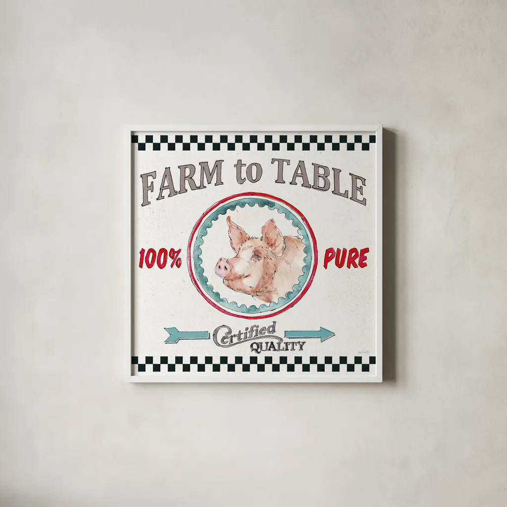Farm Signs IV by Anne Tavoletti. Shown in a crisp white glass frame for a clean and minimalist style. Available as an archival giclee rolled canvas, fine art paper, or poster print. SKU 52704a.