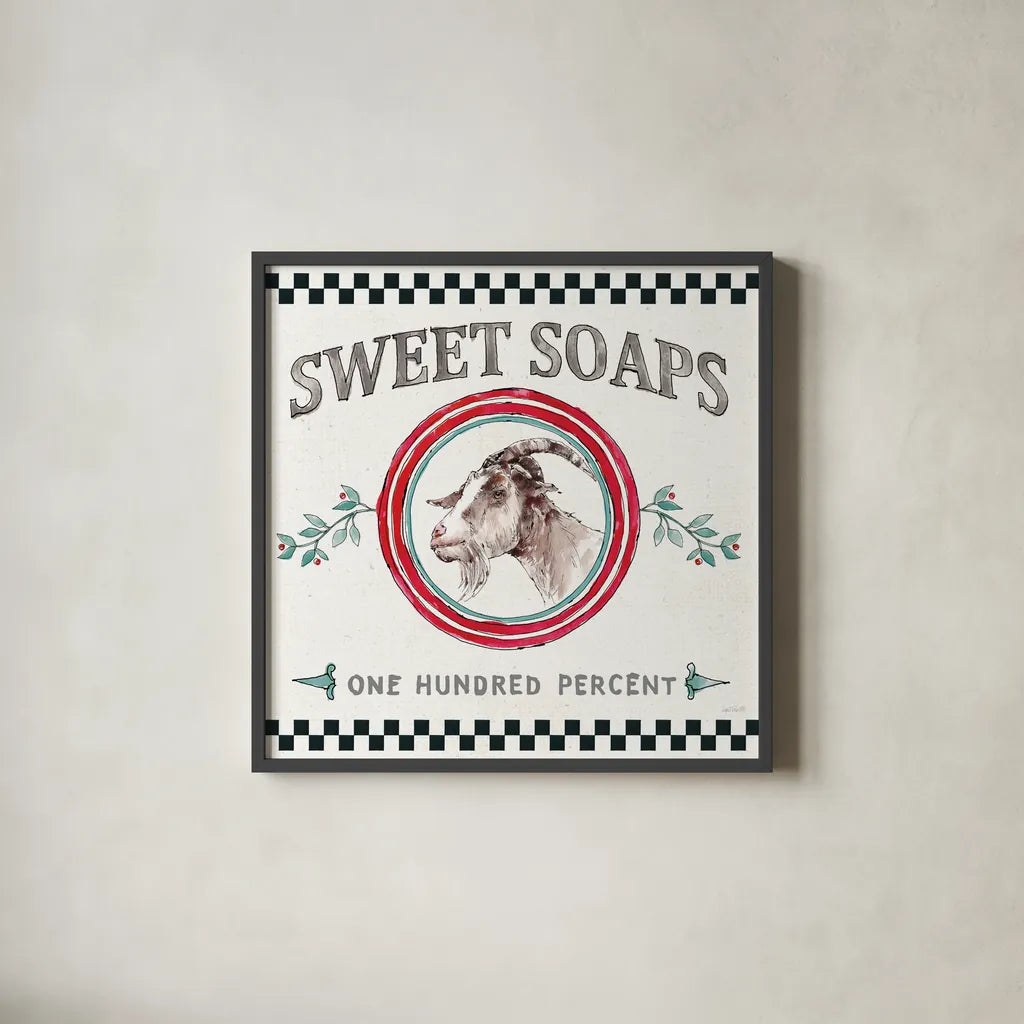 Farm Signs V by Anne Tavoletti. Shown in a sleek black glass frame for a contemporary gallery look. Available as an archival giclee rolled canvas, fine art paper, or poster print. SKU 52705a.