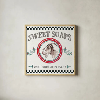 Farm Signs V by Anne Tavoletti. Shown in a natural wood glass frame for a timeless modern aesthetic. Available as an archival giclee rolled canvas, fine art paper, or poster print. SKU 52705a.