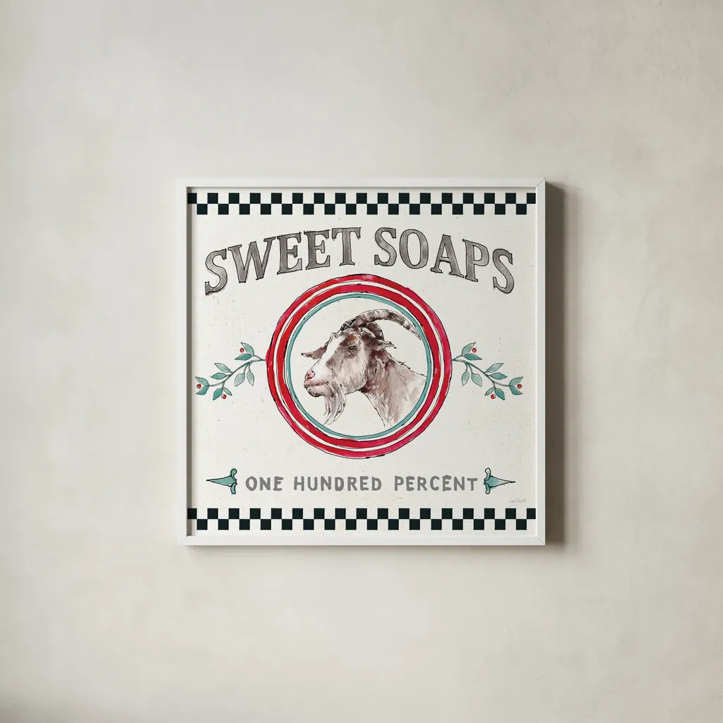 Farm Signs V by Anne Tavoletti. Shown in a crisp white glass frame for a clean and minimalist style. Available as an archival giclee rolled canvas, fine art paper, or poster print. SKU 52705a.