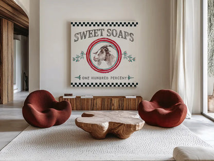 Farm Signs V by Anne Tavoletti. Shown as extra-large giant wall art in a modern living room. Available as an archival giclee rolled canvas, fine art paper, or poster print. SKU 52705a.