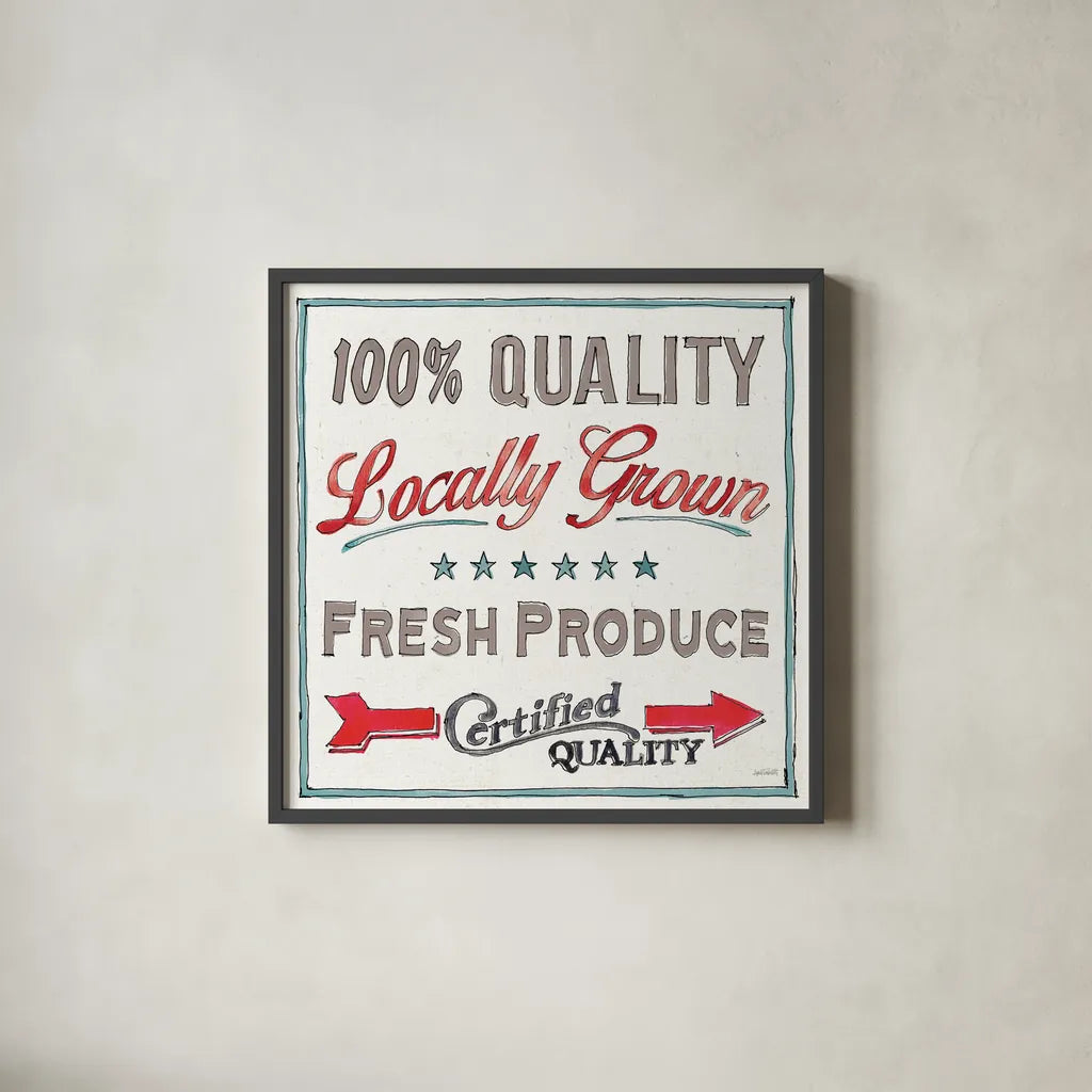 Farm Signs VI by Anne Tavoletti. Shown in a sleek black glass frame for a contemporary gallery look. Available as an archival giclee rolled canvas, fine art paper, or poster print. SKU 52706a.