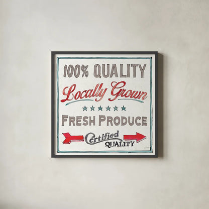 Farm Signs VI by Anne Tavoletti. Shown in a sleek black glass frame for a contemporary gallery look. Available as an archival giclee rolled canvas, fine art paper, or poster print. SKU 52706a.