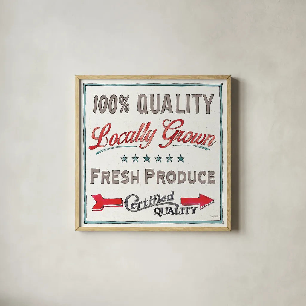 Farm Signs VI by Anne Tavoletti. Shown in a natural wood glass frame for a timeless modern aesthetic. Available as an archival giclee rolled canvas, fine art paper, or poster print. SKU 52706a.