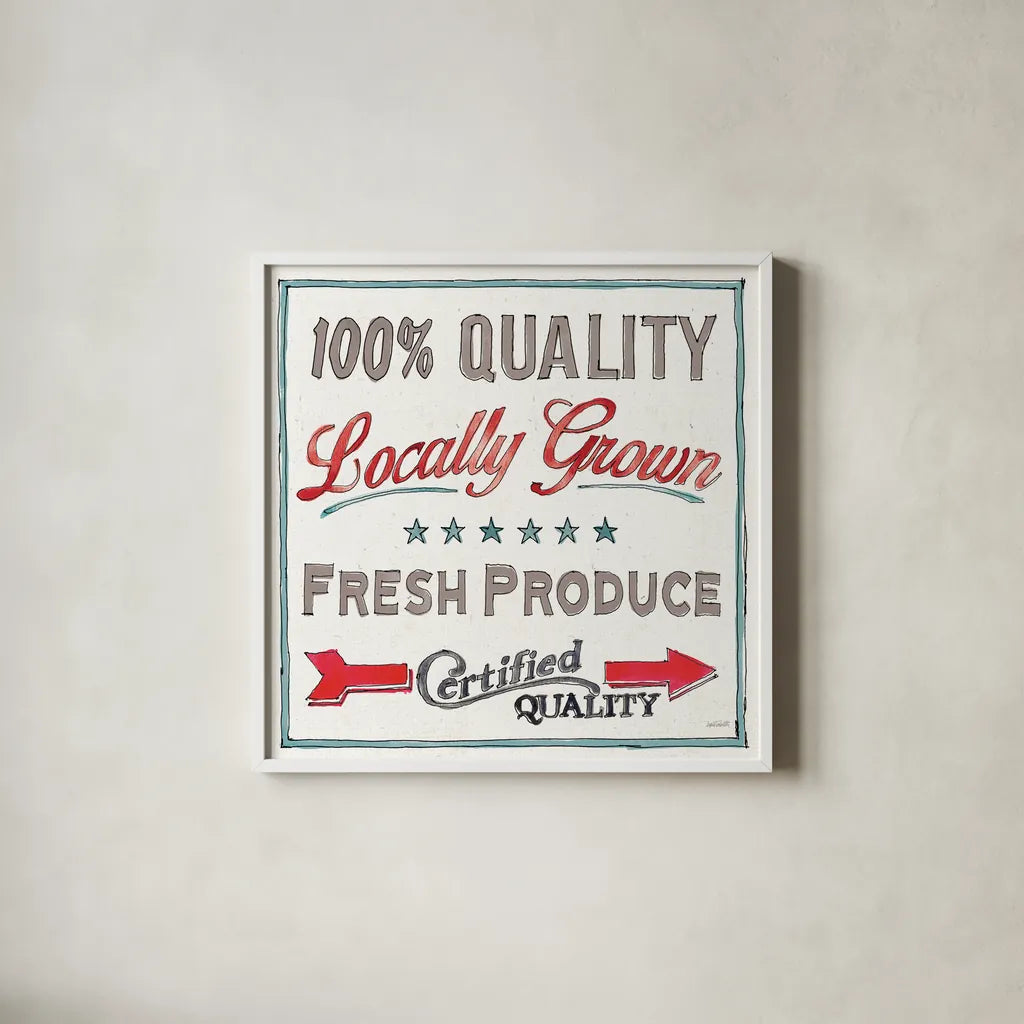 Farm Signs VI by Anne Tavoletti. Shown in a crisp white glass frame for a clean and minimalist style. Available as an archival giclee rolled canvas, fine art paper, or poster print. SKU 52706a.