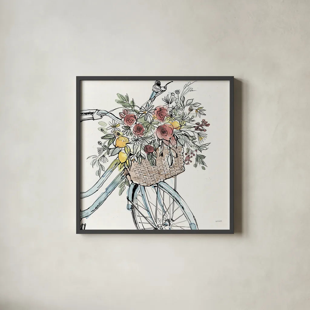 Farmhouse Flea Market Bike I by Anne Tavoletti. Shown in a sleek black glass frame for a contemporary gallery look. Available as an archival giclee rolled canvas, fine art paper, or poster print. SKU 75975a.