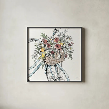 Farmhouse Flea Market Bike I by Anne Tavoletti. Shown in a sleek black glass frame for a contemporary gallery look. Available as an archival giclee rolled canvas, fine art paper, or poster print. SKU 75975a.