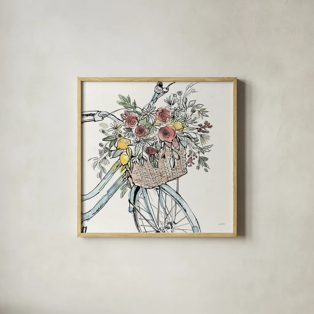 Farmhouse Flea Market Bike I by Anne Tavoletti. Shown in a natural wood glass frame for a timeless modern aesthetic. Available as an archival giclee rolled canvas, fine art paper, or poster print. SKU 75975a.