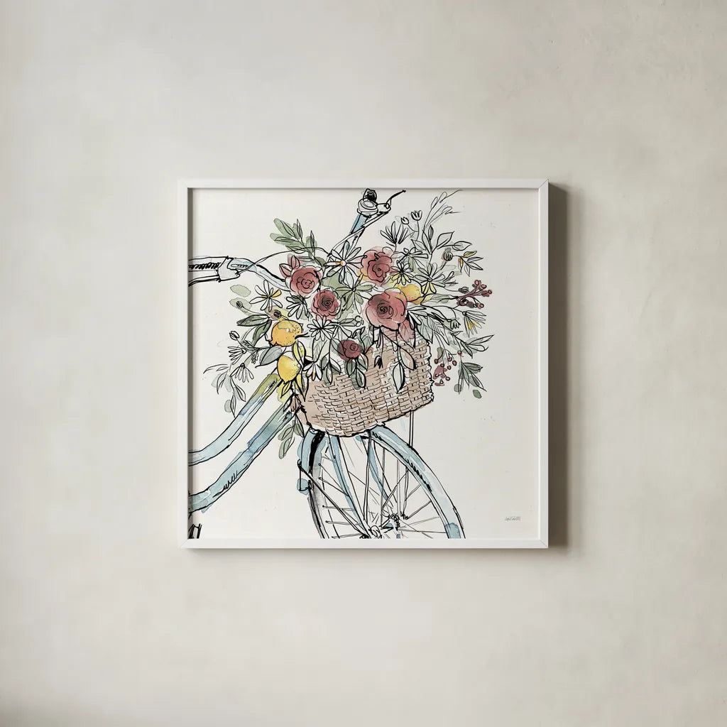 Farmhouse Flea Market Bike I by Anne Tavoletti. Shown in a crisp white glass frame for a clean and minimalist style. Available as an archival giclee rolled canvas, fine art paper, or poster print. SKU 75975a.