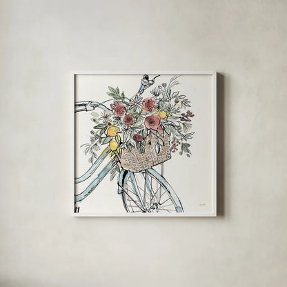 Farmhouse Flea Market Bike I by Anne Tavoletti. Shown in a crisp white glass frame for a clean and minimalist style. Available as an archival giclee rolled canvas, fine art paper, or poster print. SKU 75975a.