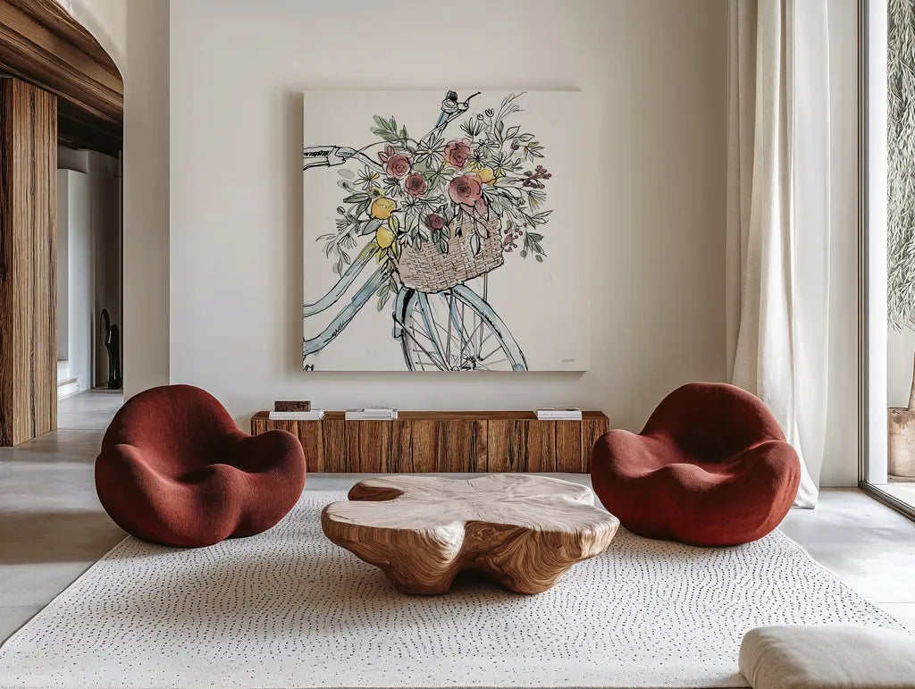 Farmhouse Flea Market Bike I by Anne Tavoletti. Shown as extra-large giant wall art in a modern living room. Available as an archival giclee rolled canvas, fine art paper, or poster print. SKU 75975a.