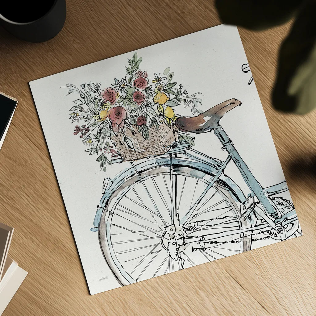Farmhouse Flea Market Bike II by Anne Tavoletti. Shown as a detailed flat fine art print, highlighting archival giclee quality. Available as an archival giclee rolled canvas, fine art paper, or poster print. SKU 75976a.