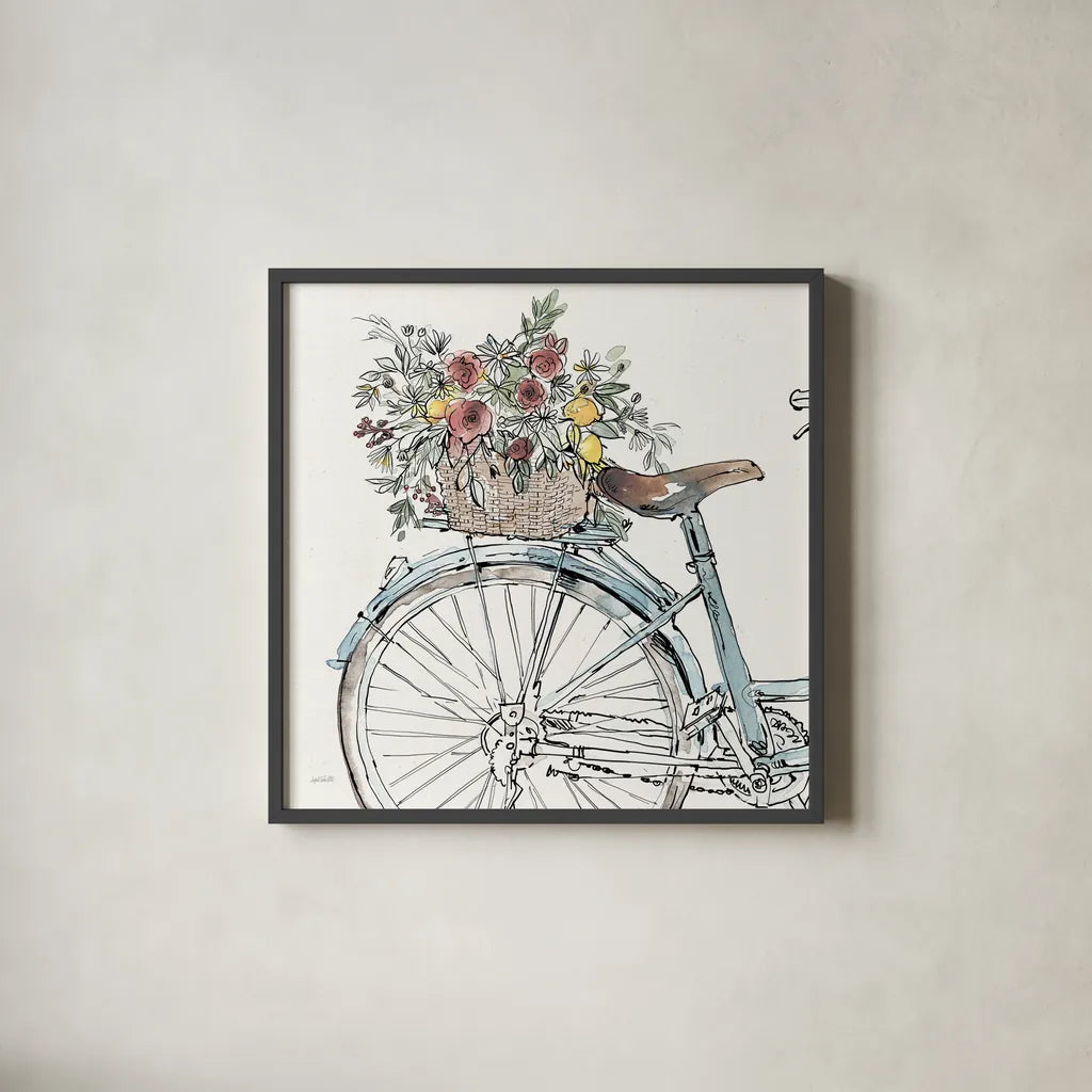 Farmhouse Flea Market Bike II by Anne Tavoletti. Shown in a sleek black glass frame for a contemporary gallery look. Available as an archival giclee rolled canvas, fine art paper, or poster print. SKU 75976a.