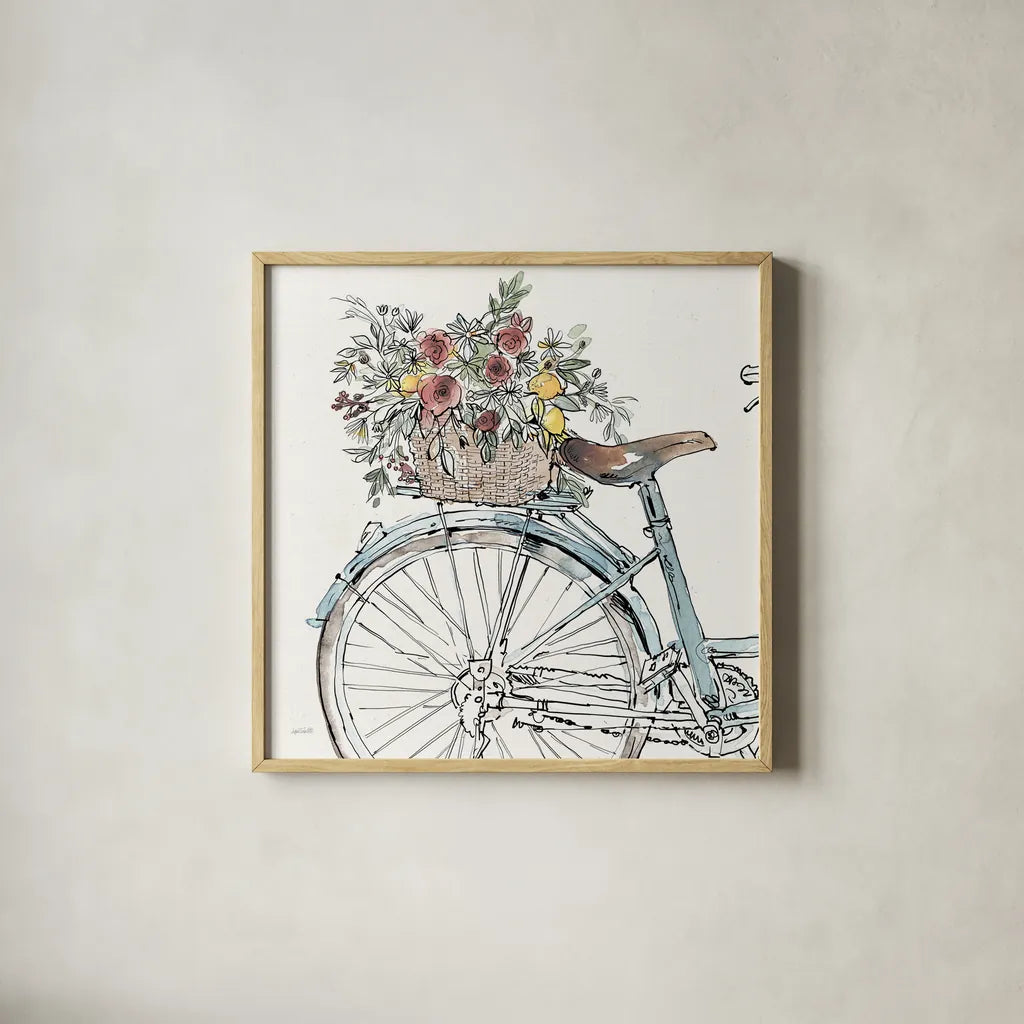 Farmhouse Flea Market Bike II by Anne Tavoletti. Shown in a natural wood glass frame for a timeless modern aesthetic. Available as an archival giclee rolled canvas, fine art paper, or poster print. SKU 75976a.