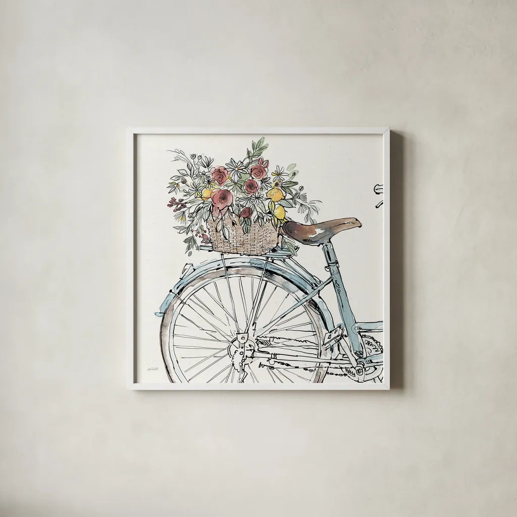 Farmhouse Flea Market Bike II by Anne Tavoletti. Shown in a crisp white glass frame for a clean and minimalist style. Available as an archival giclee rolled canvas, fine art paper, or poster print. SKU 75976a.