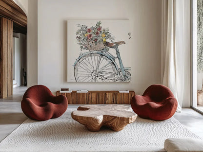 Farmhouse Flea Market Bike II by Anne Tavoletti. Shown as extra-large giant wall art in a modern living room. Available as an archival giclee rolled canvas, fine art paper, or poster print. SKU 75976a.