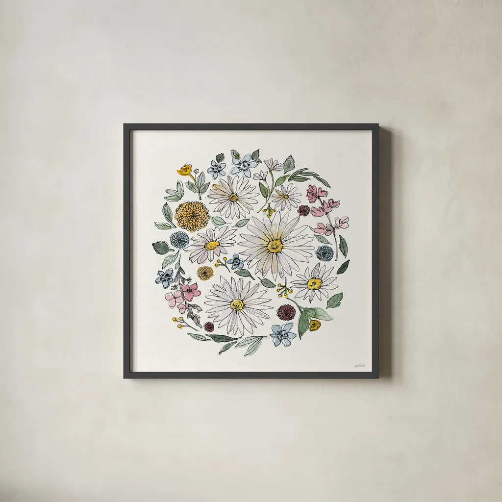 Farmhouse Flea Market III by Anne Tavoletti. Shown in a sleek black glass frame for a contemporary gallery look. Available as an archival giclee rolled canvas, fine art paper, or poster print. SKU 71387a.