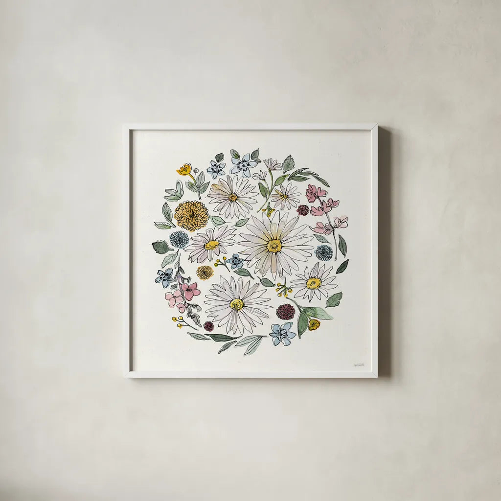 Farmhouse Flea Market III by Anne Tavoletti. Shown in a crisp white glass frame for a clean and minimalist style. Available as an archival giclee rolled canvas, fine art paper, or poster print. SKU 71387a.