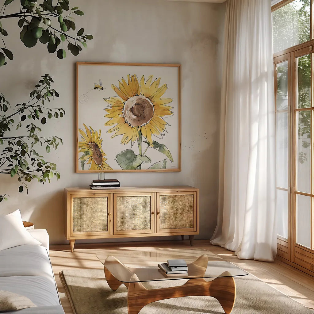 Farmhouse Flea Market X by Anne Tavoletti. Shown in a natural wood frame in a cozy modern living room. Available as an archival giclee rolled canvas, fine art paper, or poster print. SKU 71394a.