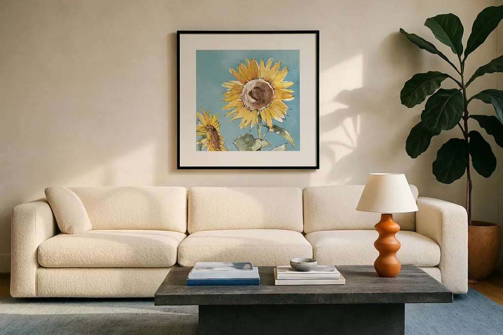 Farmhouse Flea Market X Blue by Anne Tavoletti. Displayed in a glass frame with matte in a clean modern living room. Available as an archival giclee rolled canvas, fine art paper, or poster print. SKU 76362a.