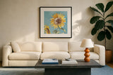 Farmhouse Flea Market X Blue by Anne Tavoletti. Displayed in a glass frame with matte in a clean modern living room. Available as an archival giclee rolled canvas, fine art paper, or poster print. SKU 76362a.