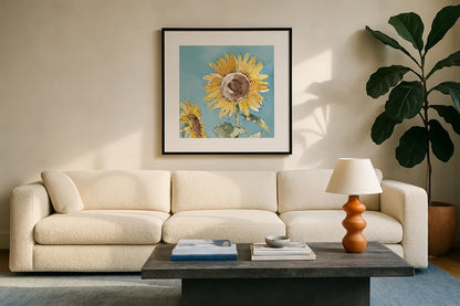 Farmhouse Flea Market X Blue by Anne Tavoletti. Displayed in a glass frame with matte in a clean modern living room. Available as an archival giclee rolled canvas, fine art paper, or poster print. SKU 76362a.