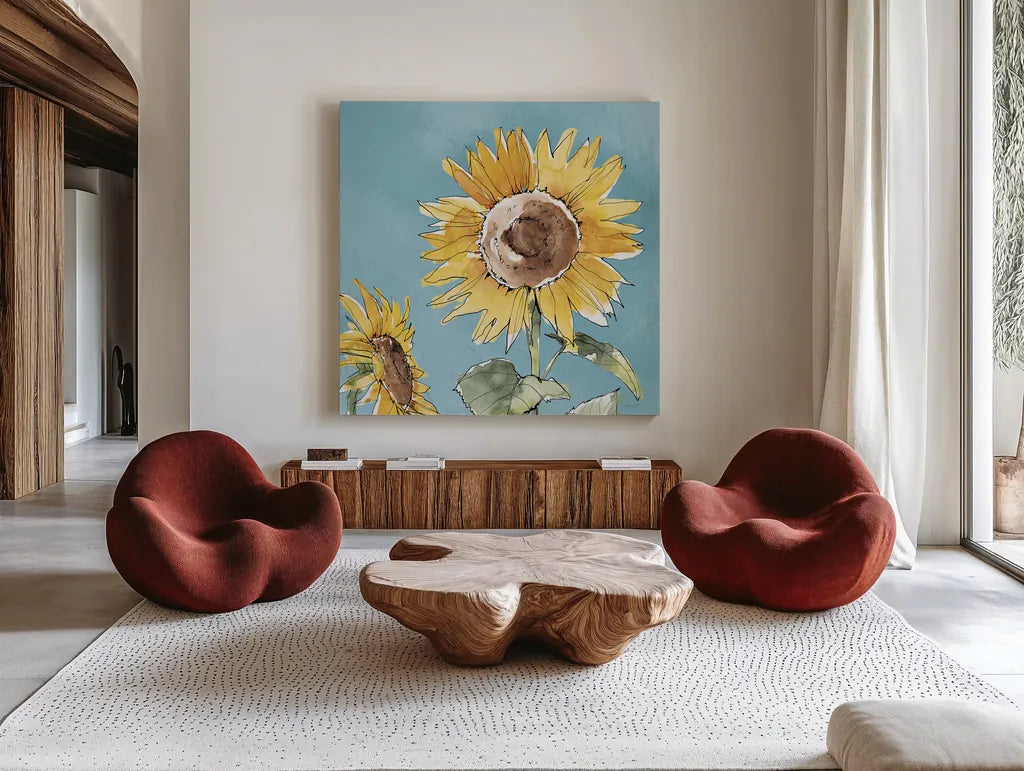 Farmhouse Flea Market X Blue by Anne Tavoletti. Shown as extra-large giant wall art in a modern living room. Available as an archival giclee rolled canvas, fine art paper, or poster print. SKU 76362a.