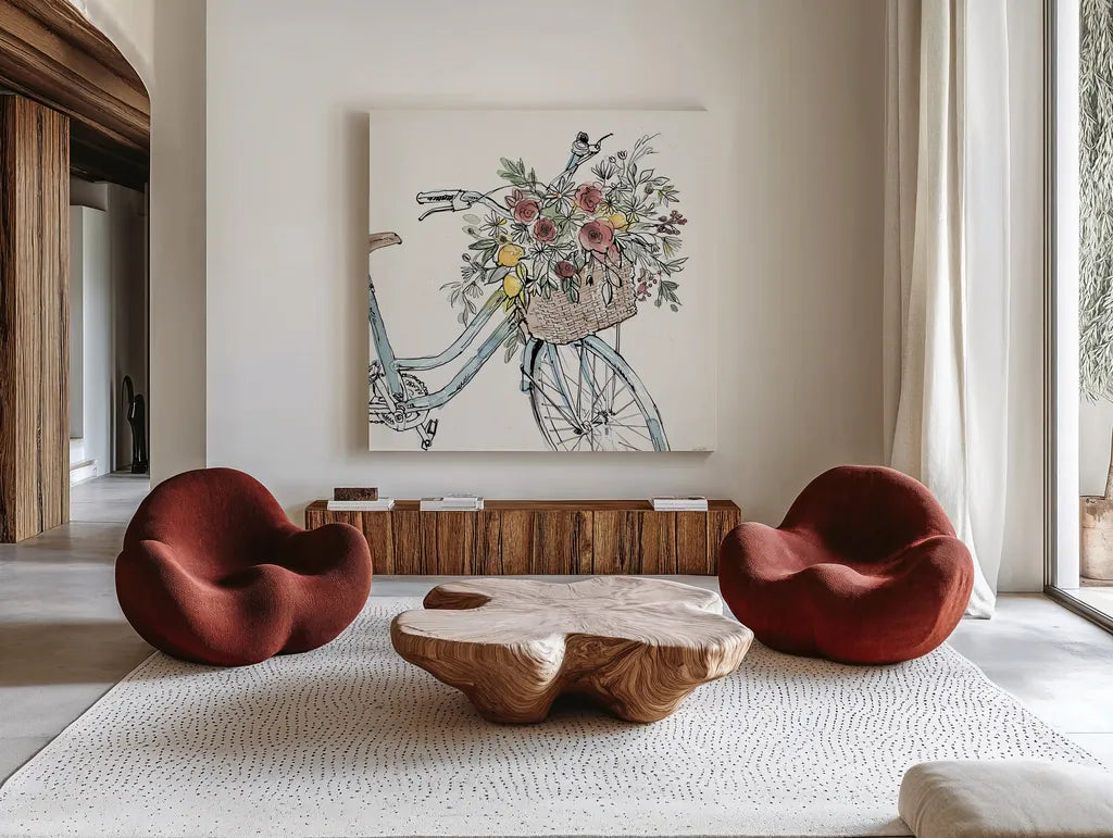 Farmhouse Flea Market XI by Anne Tavoletti. Shown as extra-large giant wall art in a modern living room. Available as an archival giclee rolled canvas, fine art paper, or poster print. SKU 71395a.