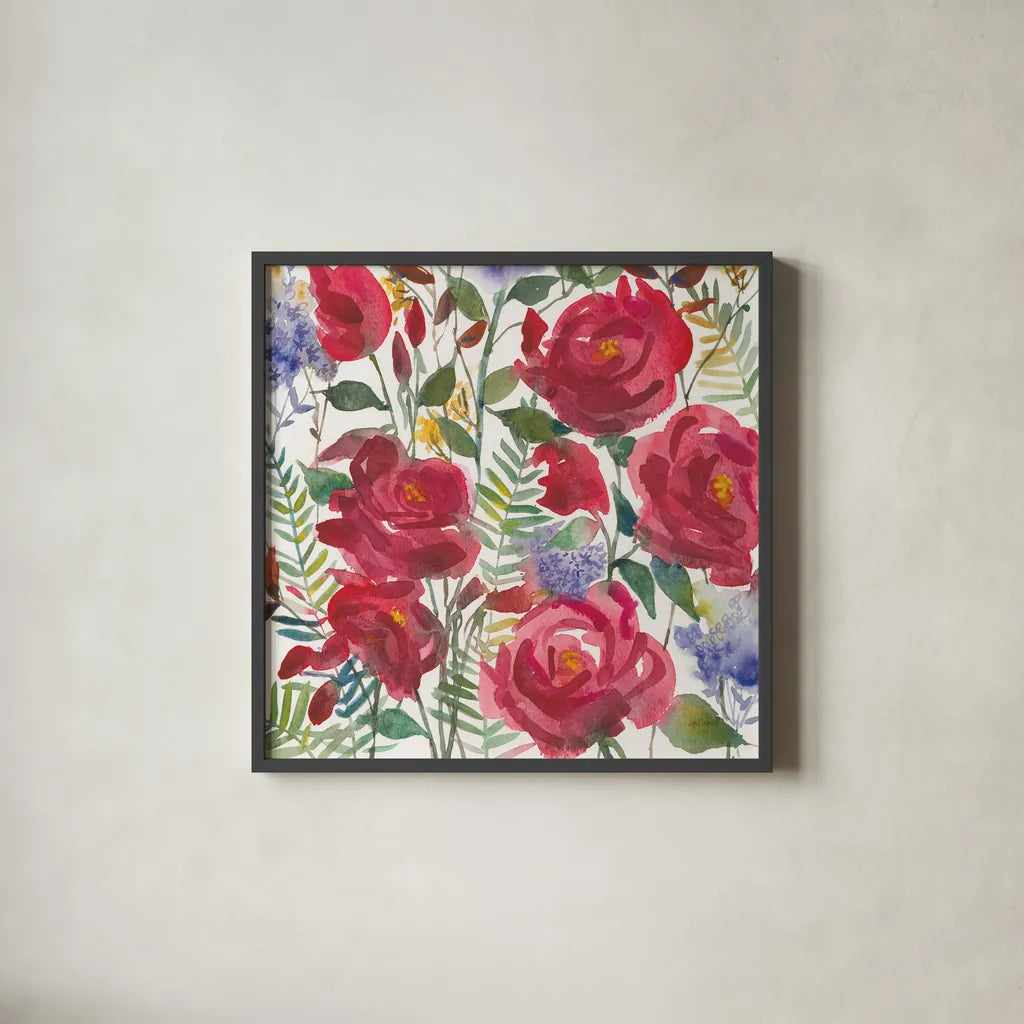 February Flowers by Anne Tavoletti. Shown in a sleek black glass frame for a contemporary gallery look. Available as an archival giclee rolled canvas, fine art paper, or poster print. SKU 59344a.