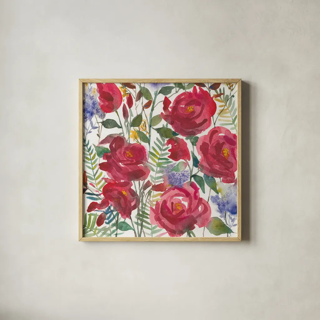February Flowers by Anne Tavoletti. Shown in a natural wood glass frame for a timeless modern aesthetic. Available as an archival giclee rolled canvas, fine art paper, or poster print. SKU 59344a.