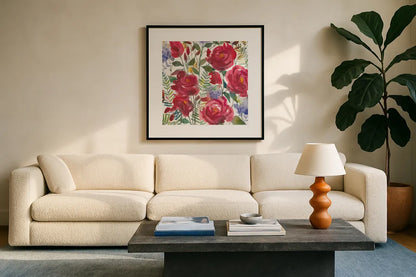 February Flowers by Anne Tavoletti. Displayed in a glass frame with matte in a clean modern living room. Available as an archival giclee rolled canvas, fine art paper, or poster print. SKU 59344a.