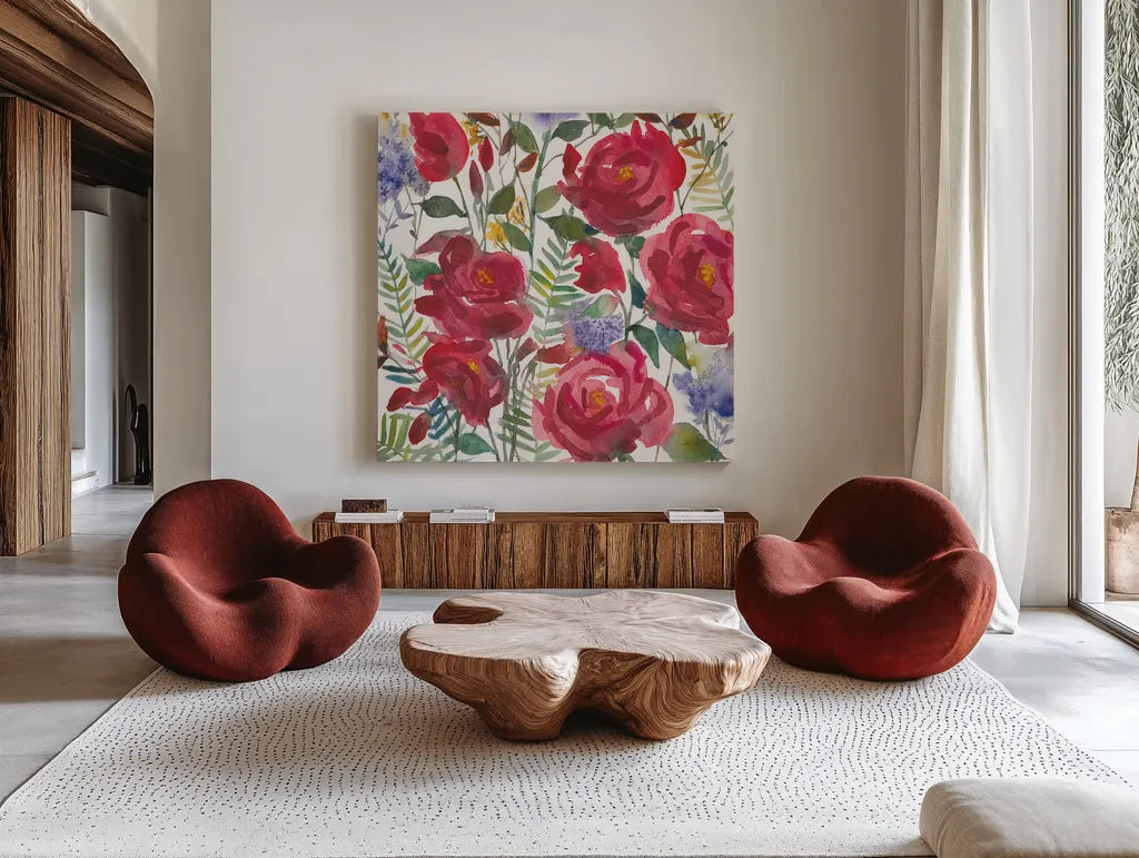 February Flowers by Anne Tavoletti. Shown as extra-large giant wall art in a modern living room. Available as an archival giclee rolled canvas, fine art paper, or poster print. SKU 59344a.