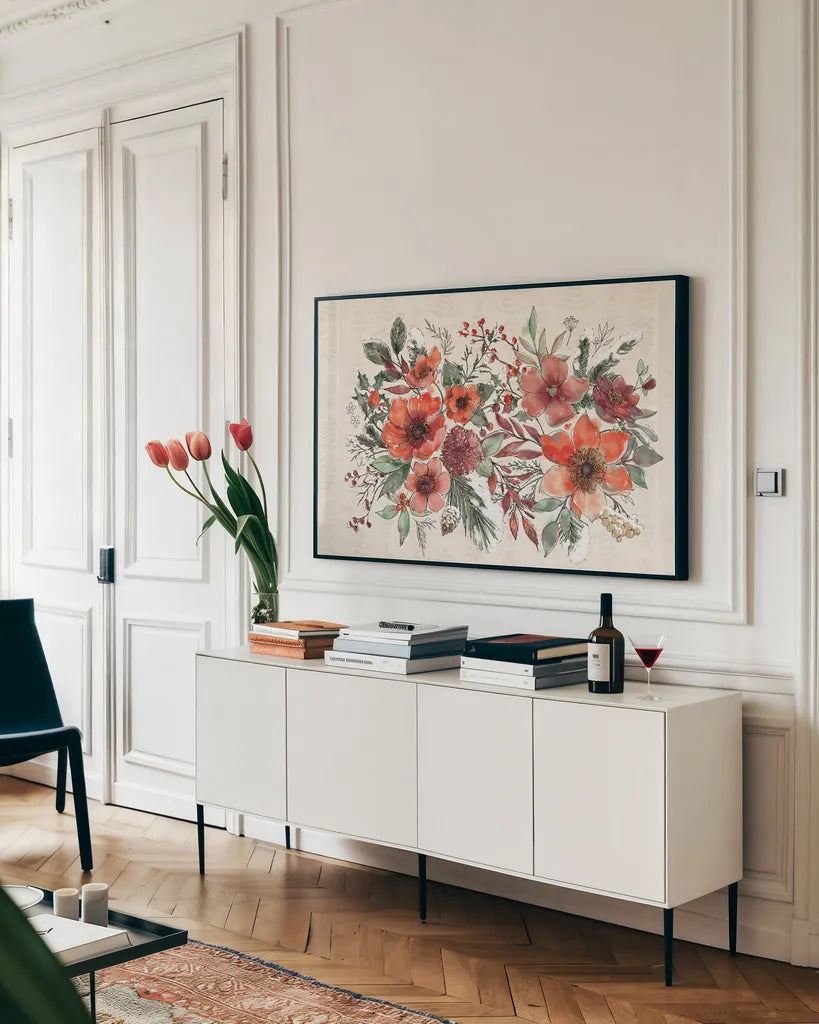 Festive Blooms I by Anne Tavoletti. shown as a framed stretched canvas in a living room above a console. Available as a archival giclee rolled canvas, fine art paper, or poster print. SKU 97832i.