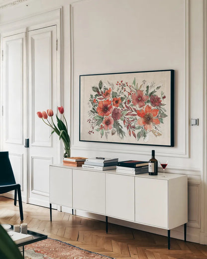 Festive Blooms I by Anne Tavoletti. shown as a framed stretched canvas in a living room above a console. Available as a archival giclee rolled canvas, fine art paper, or poster print. SKU 97832i.