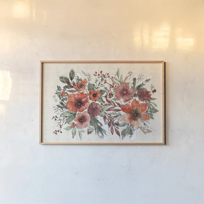 Festive Blooms I by Anne Tavoletti. shown as a paper print in a natural frame. Available as a archival giclee rolled canvas, fine art paper, or poster print. SKU 97832i.