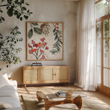 Festive Blooms II by Anne Tavoletti. Shown in a natural wood frame in a cozy modern living room. Available as an archival giclee rolled canvas, fine art paper, or poster print. SKU 97833a.