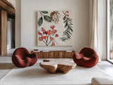Festive Blooms II by Anne Tavoletti. Shown as extra-large giant wall art in a modern living room. Available as an archival giclee rolled canvas, fine art paper, or poster print. SKU 97833a.
