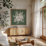 Festive Blooms IV by Anne Tavoletti. Shown in a natural wood frame in a cozy modern living room. Available as an archival giclee rolled canvas, fine art paper, or poster print. SKU 97835a.