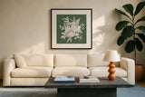 Festive Blooms IV by Anne Tavoletti. Displayed in a glass frame with matte in a clean modern living room. Available as an archival giclee rolled canvas, fine art paper, or poster print. SKU 97835a.