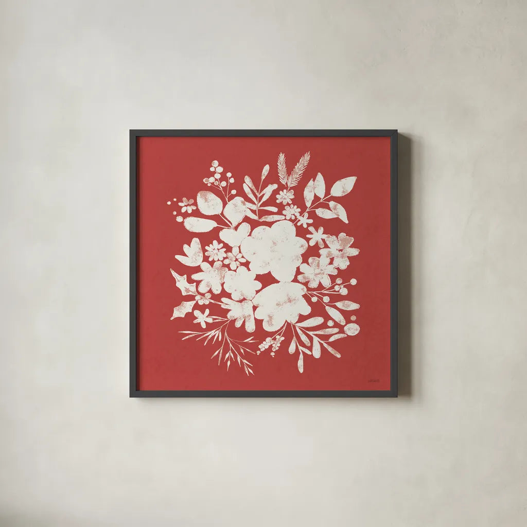 Festive Blooms V by Anne Tavoletti. Shown in a sleek black glass frame for a contemporary gallery look. Available as an archival giclee rolled canvas, fine art paper, or poster print. SKU 97836a.