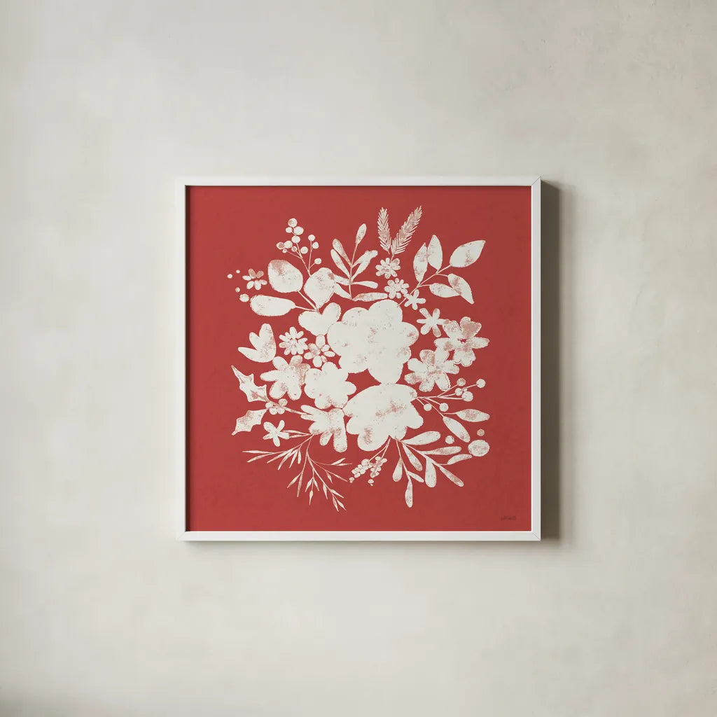 Festive Blooms V by Anne Tavoletti. Shown in a crisp white glass frame for a clean and minimalist style. Available as an archival giclee rolled canvas, fine art paper, or poster print. SKU 97836a.