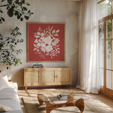 Festive Blooms V by Anne Tavoletti. Shown in a natural wood frame in a cozy modern living room. Available as an archival giclee rolled canvas, fine art paper, or poster print. SKU 97836a.