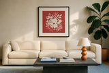Festive Blooms V by Anne Tavoletti. Displayed in a glass frame with matte in a clean modern living room. Available as an archival giclee rolled canvas, fine art paper, or poster print. SKU 97836a.