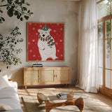 Festive Christmas III by Anne Tavoletti. Shown in a natural wood frame in a cozy modern living room. Available as an archival giclee rolled canvas, fine art paper, or poster print. SKU 91702a.