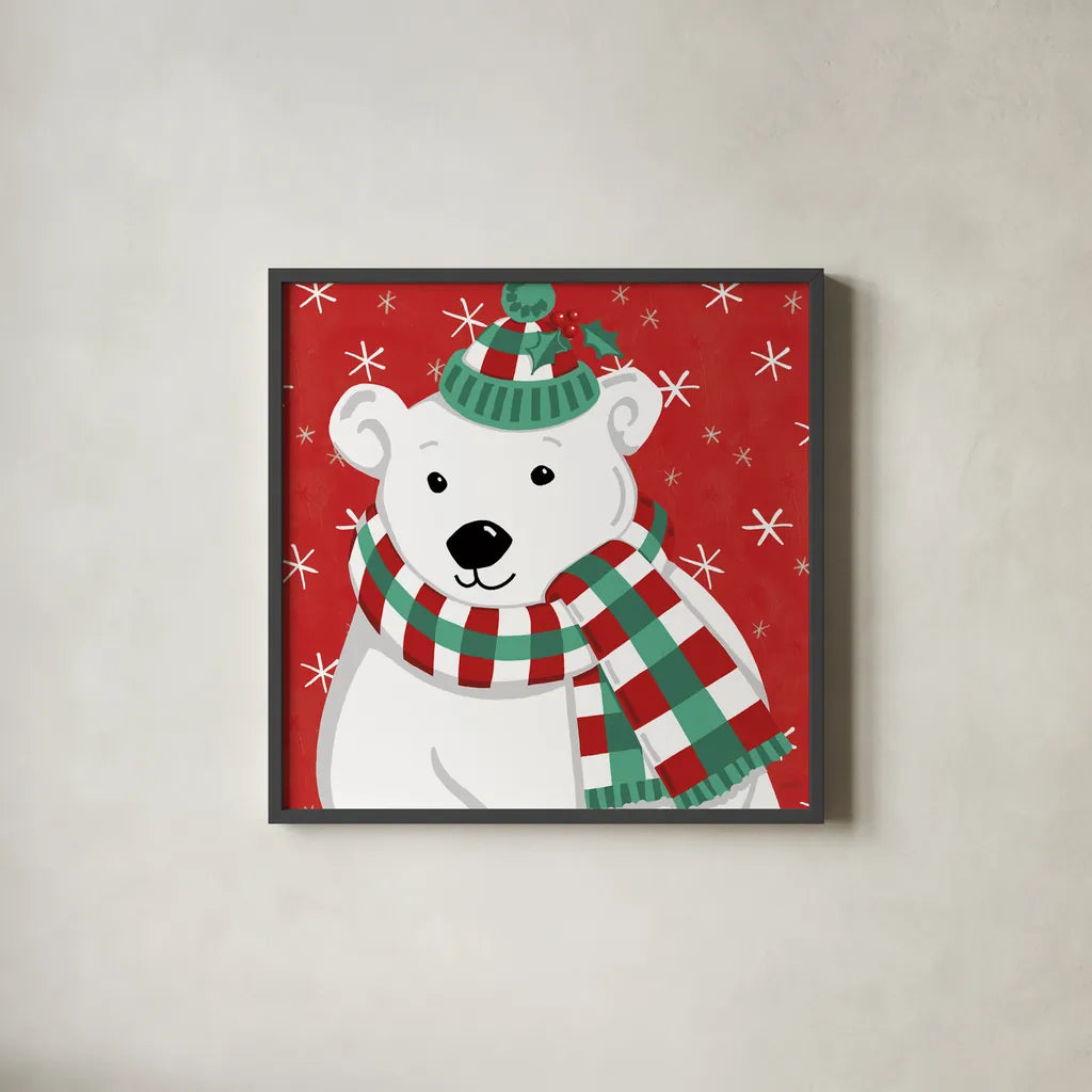 Festive Christmas IX by Anne Tavoletti. Shown in a sleek black glass frame for a contemporary gallery look. Available as an archival giclee rolled canvas, fine art paper, or poster print. SKU 91708a.