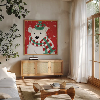 Festive Christmas IX by Anne Tavoletti. Shown in a natural wood frame in a cozy modern living room. Available as an archival giclee rolled canvas, fine art paper, or poster print. SKU 91708a.
