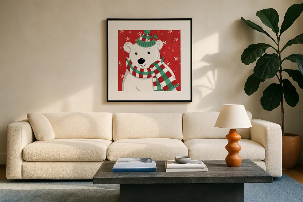 Festive Christmas IX by Anne Tavoletti. Displayed in a glass frame with matte in a clean modern living room. Available as an archival giclee rolled canvas, fine art paper, or poster print. SKU 91708a.