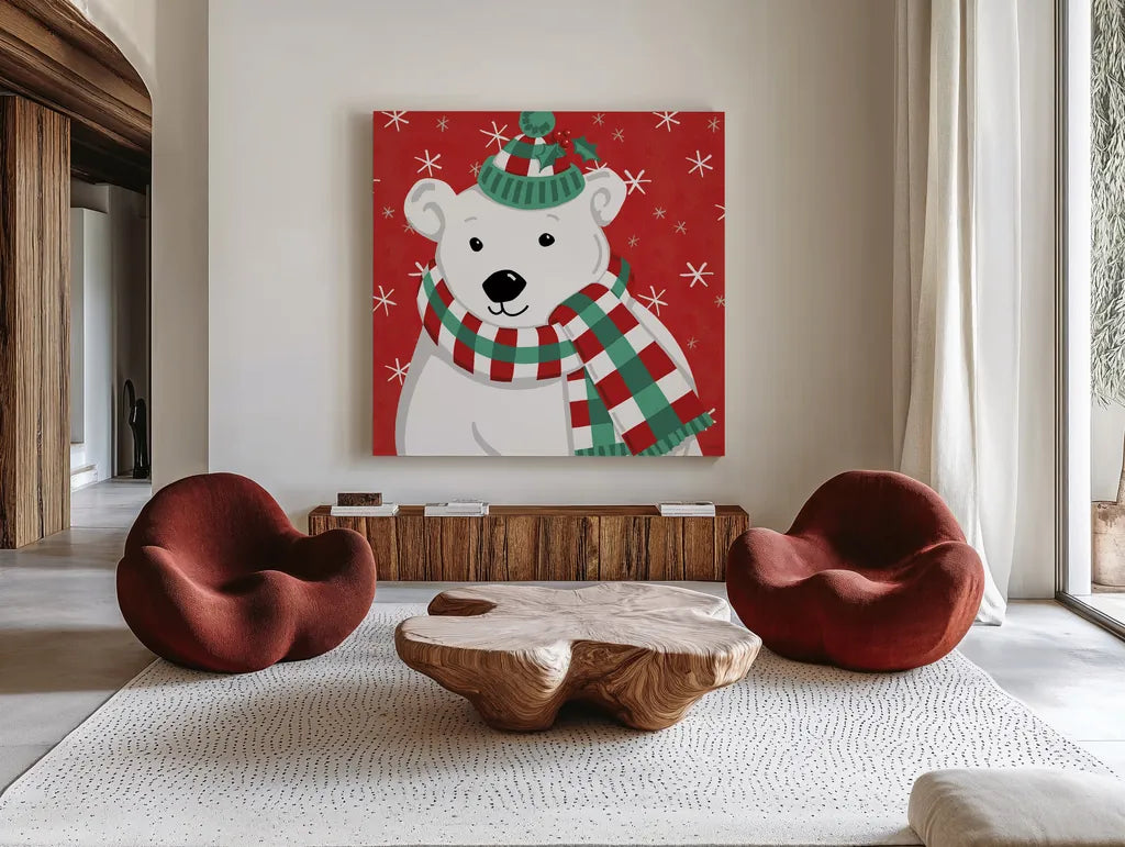 Festive Christmas IX by Anne Tavoletti. Shown as extra-large giant wall art in a modern living room. Available as an archival giclee rolled canvas, fine art paper, or poster print. SKU 91708a.